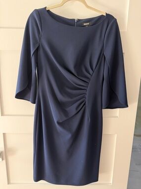 DKNY Navy 3/4 Sleeve Draped Sheath Dress